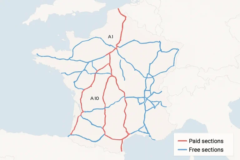 Carte horizontale du réseau autoroutier français avec les principaux axes et la distinction entre sections payantes et gratuites
