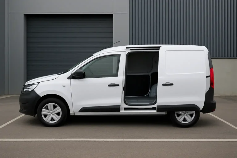 Dacia Van utilitaire de profil avec porte coulissante ouverte et espace de chargement vide