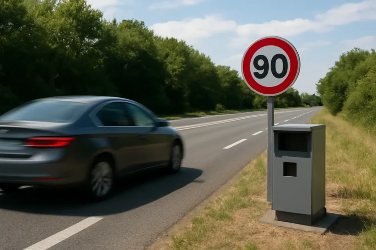 Radar routier et panneau de limitation de vitesse sur une route française