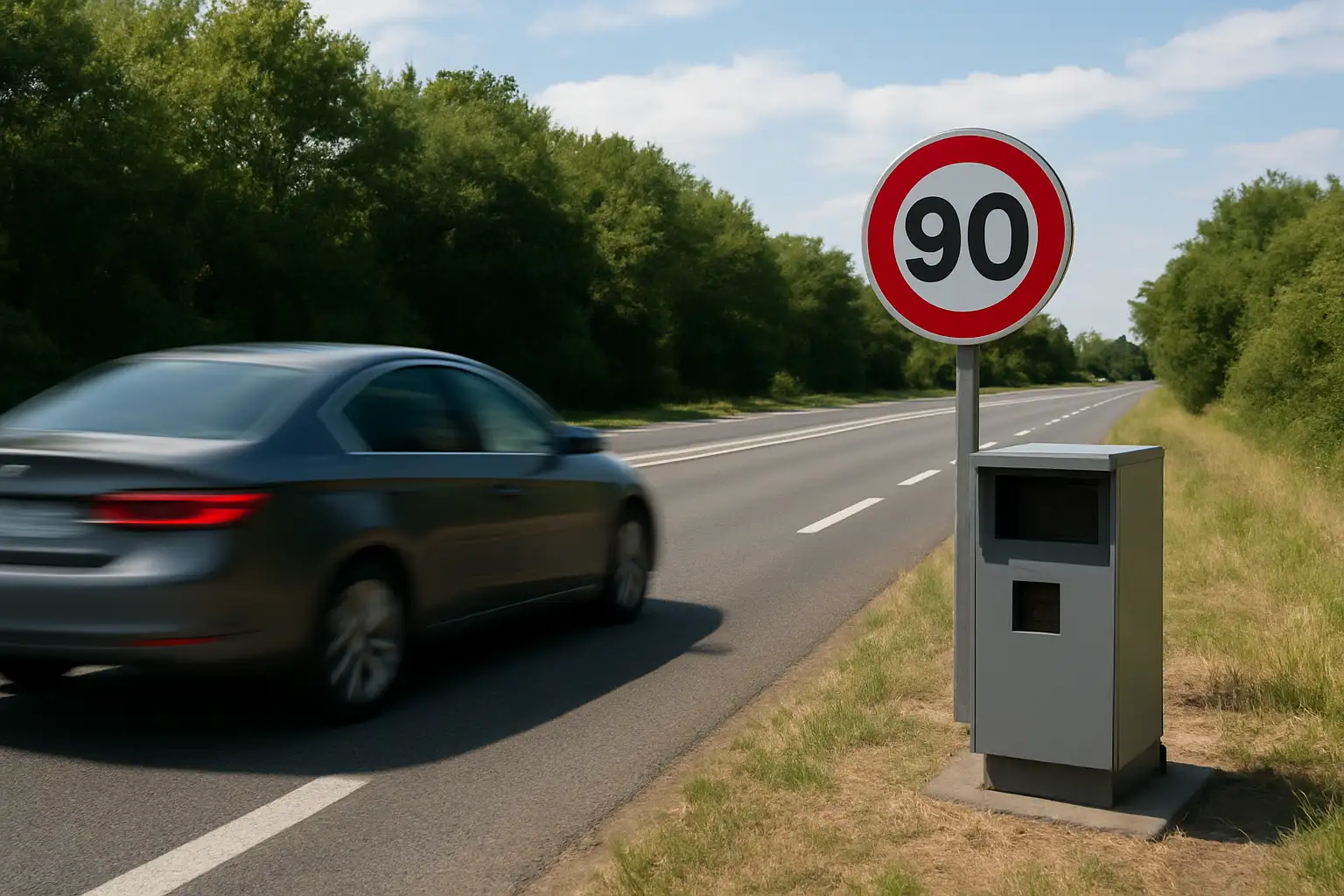 Radar routier et panneau de limitation de vitesse sur une route française