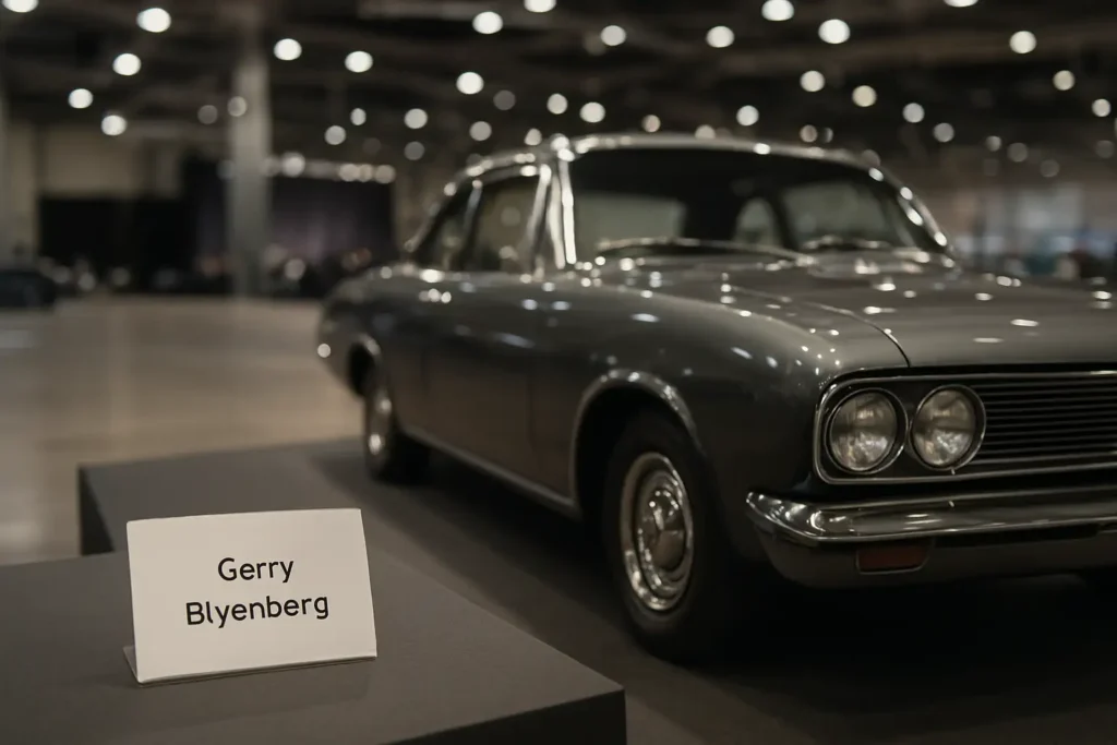 Stand de salon automobile avec une voiture de collection et une carte au nom de Gerry Blyenberg