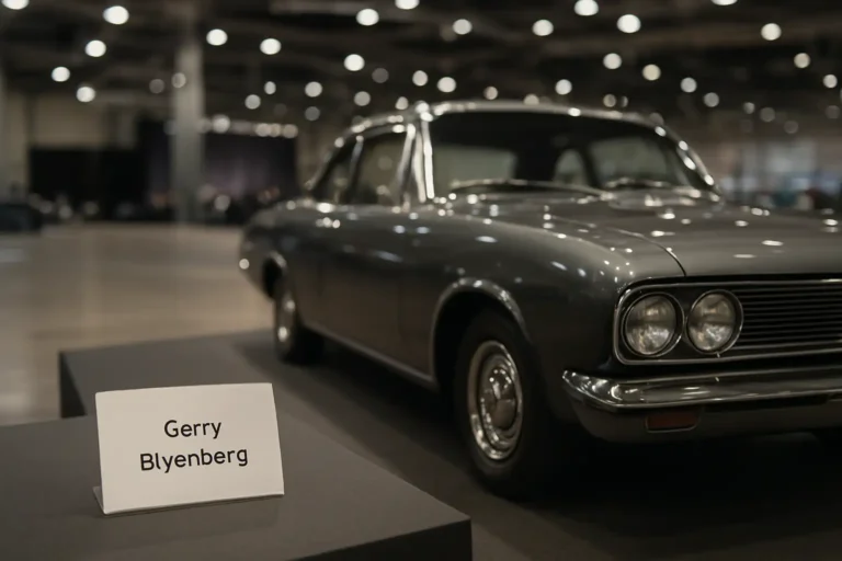 Stand de salon automobile avec une voiture de collection et une carte au nom de Gerry Blyenberg