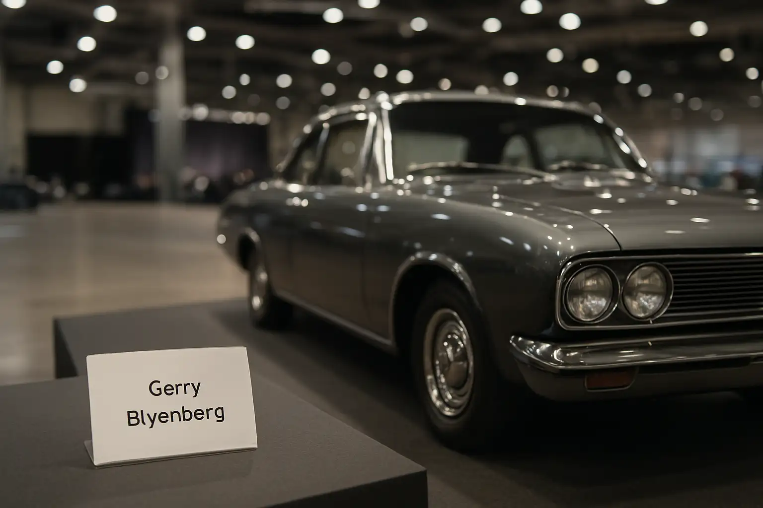 Stand de salon automobile avec une voiture de collection et une carte au nom de Gerry Blyenberg
