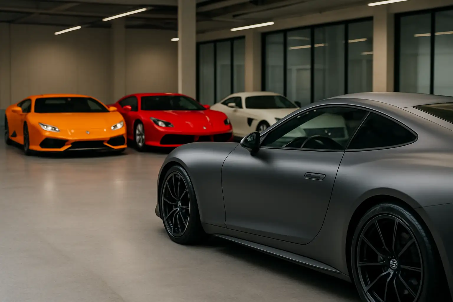 Parking privé avec plusieurs supercars et une voiture au premier plan