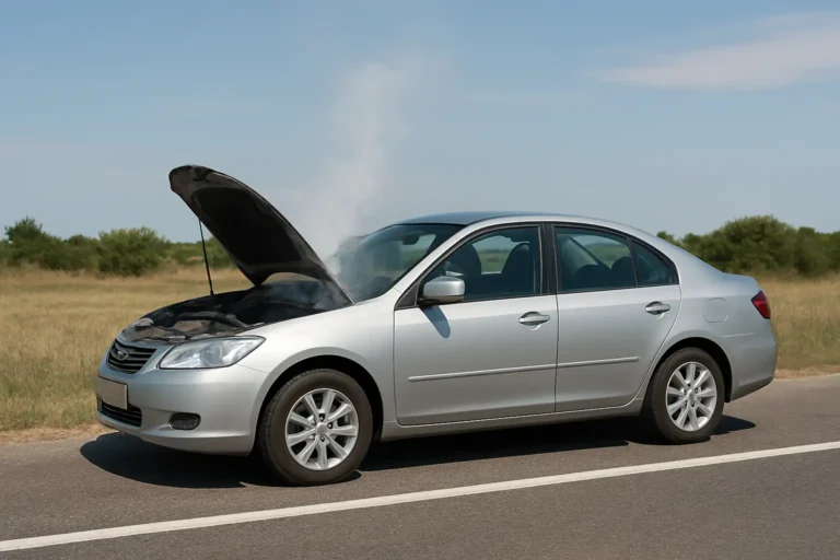Voiture avec capot ouvert et fumée blanche au niveau du moteur