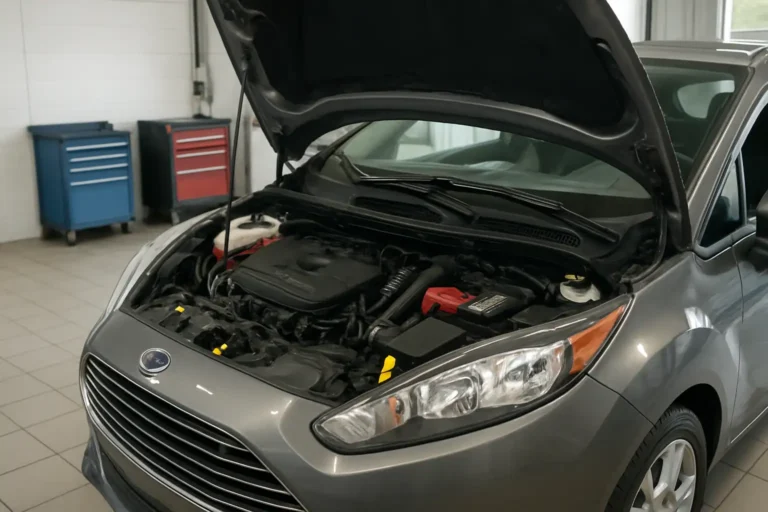 Moteur Ford EcoBoost dans un atelier automobile, capot ouvert