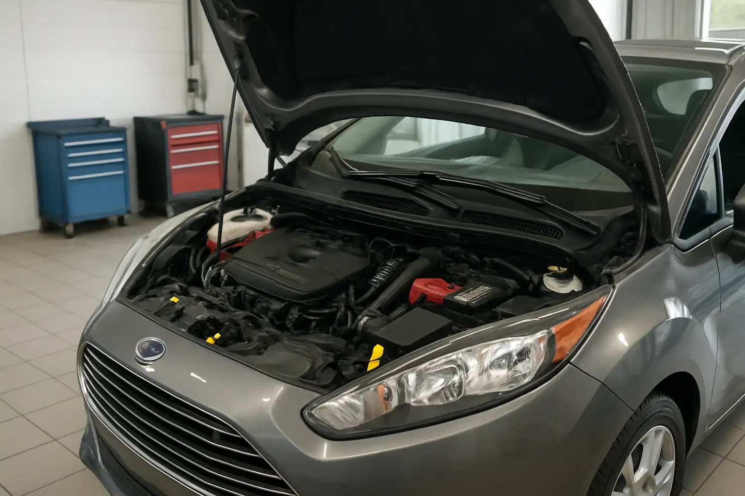 Moteur Ford EcoBoost dans un atelier automobile, capot ouvert