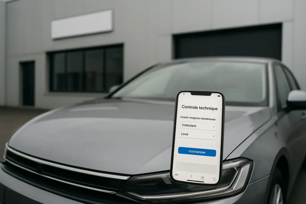 Voiture devant un centre de contrôle technique avec un smartphone affichant une réservation en ligne