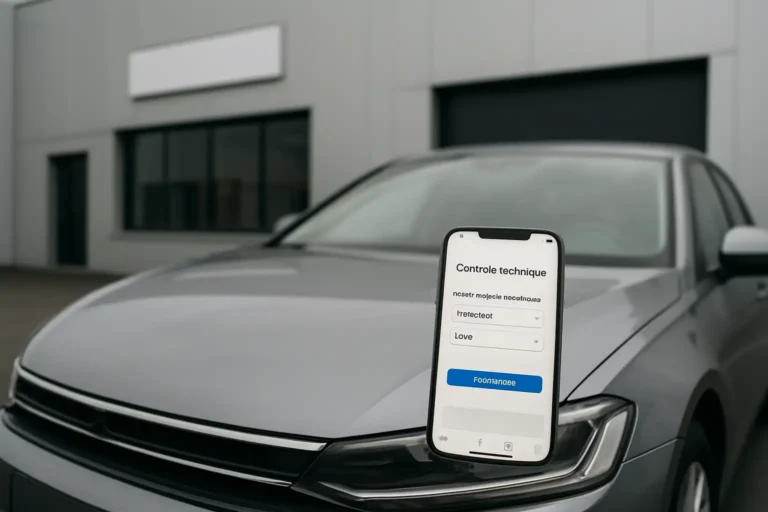 Voiture devant un centre de contrôle technique avec un smartphone affichant une réservation en ligne