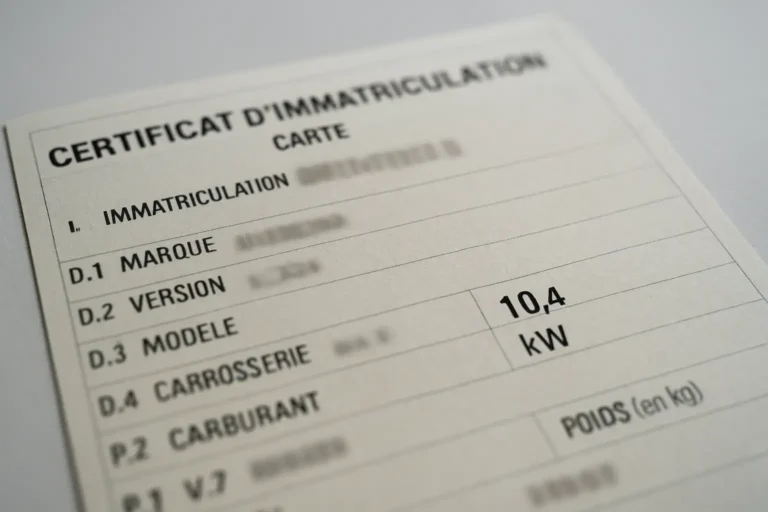 Carte grise française montrant la case P2 avec la puissance en kW