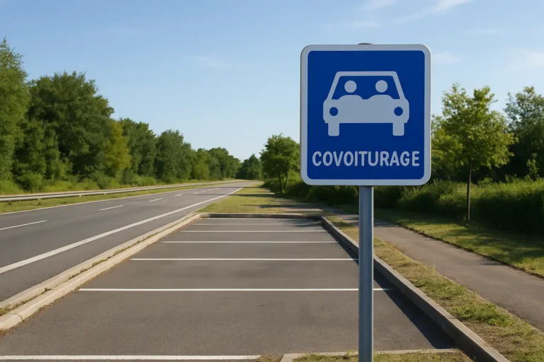 Panneau de covoiturage près d’une aire de stationnement aménagée