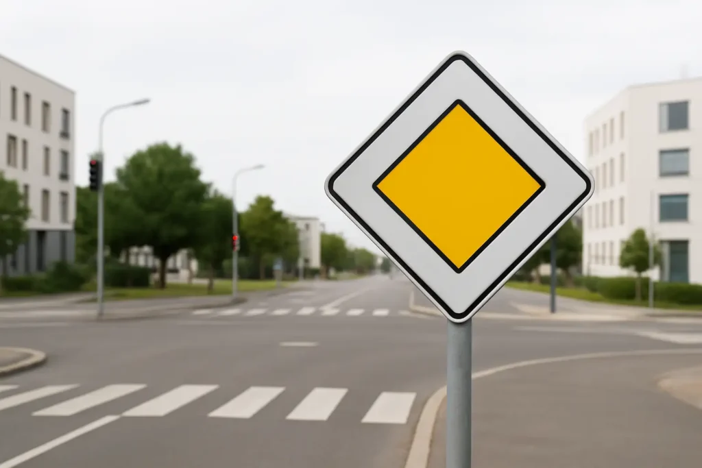 Panneau losange jaune indiquant une route prioritaire à l’approche d’une intersection en ville