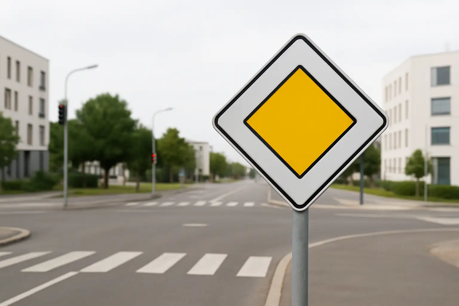 Panneau losange jaune indiquant une route prioritaire à l’approche d’une intersection en ville