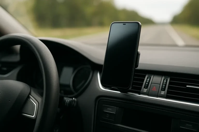 Tableau de bord d’une voiture avec un smartphone sur support et le volant au premier plan