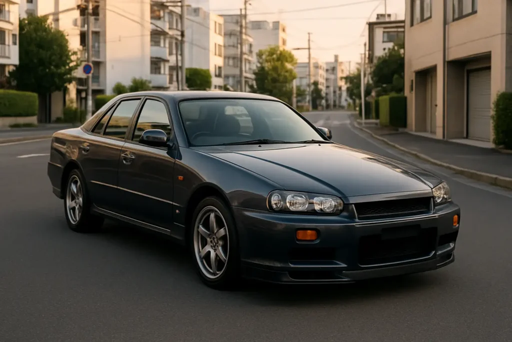 Nissan Skyline R34 Sedan grise vue de trois-quarts avant