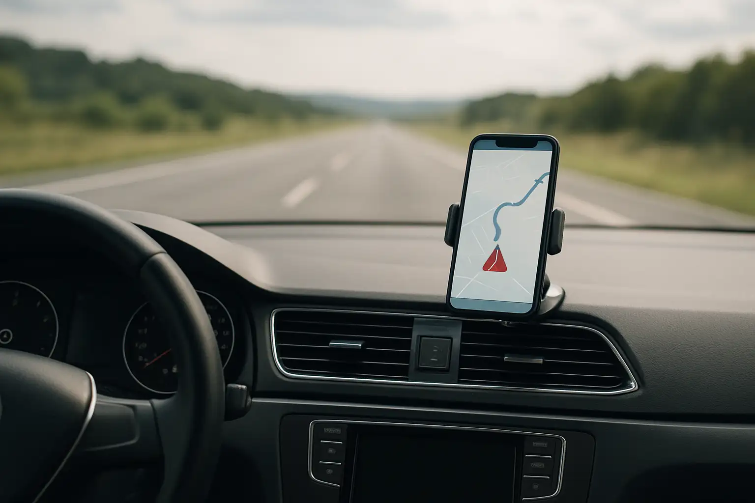 Intérieur d’une voiture avec un smartphone affichant une application d’alerte radars sur support de tableau de bord