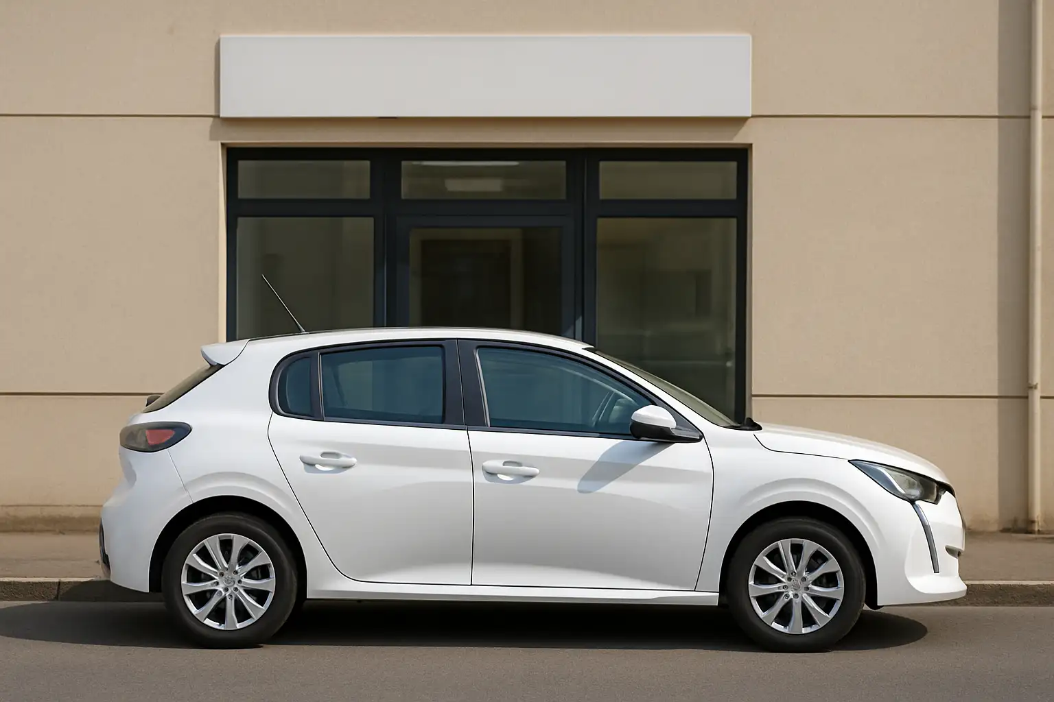 Voiture d’auto-école à double commande devant un établissement de conduite