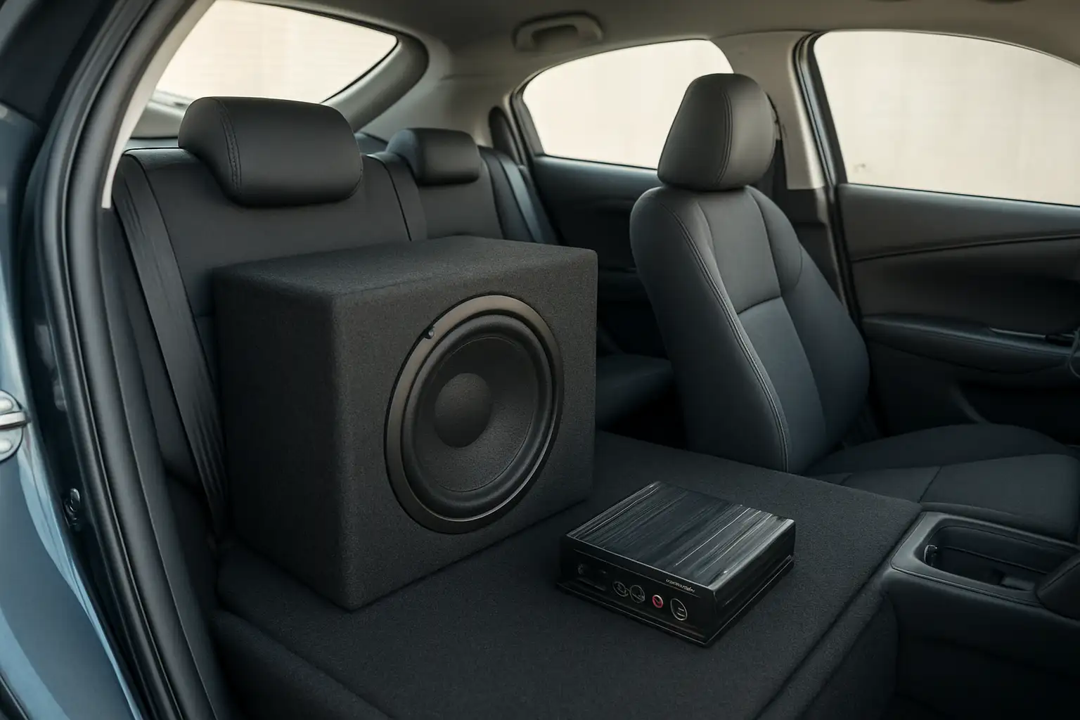 Caisson de basses automobile compact installé dans le coffre d’une voiture