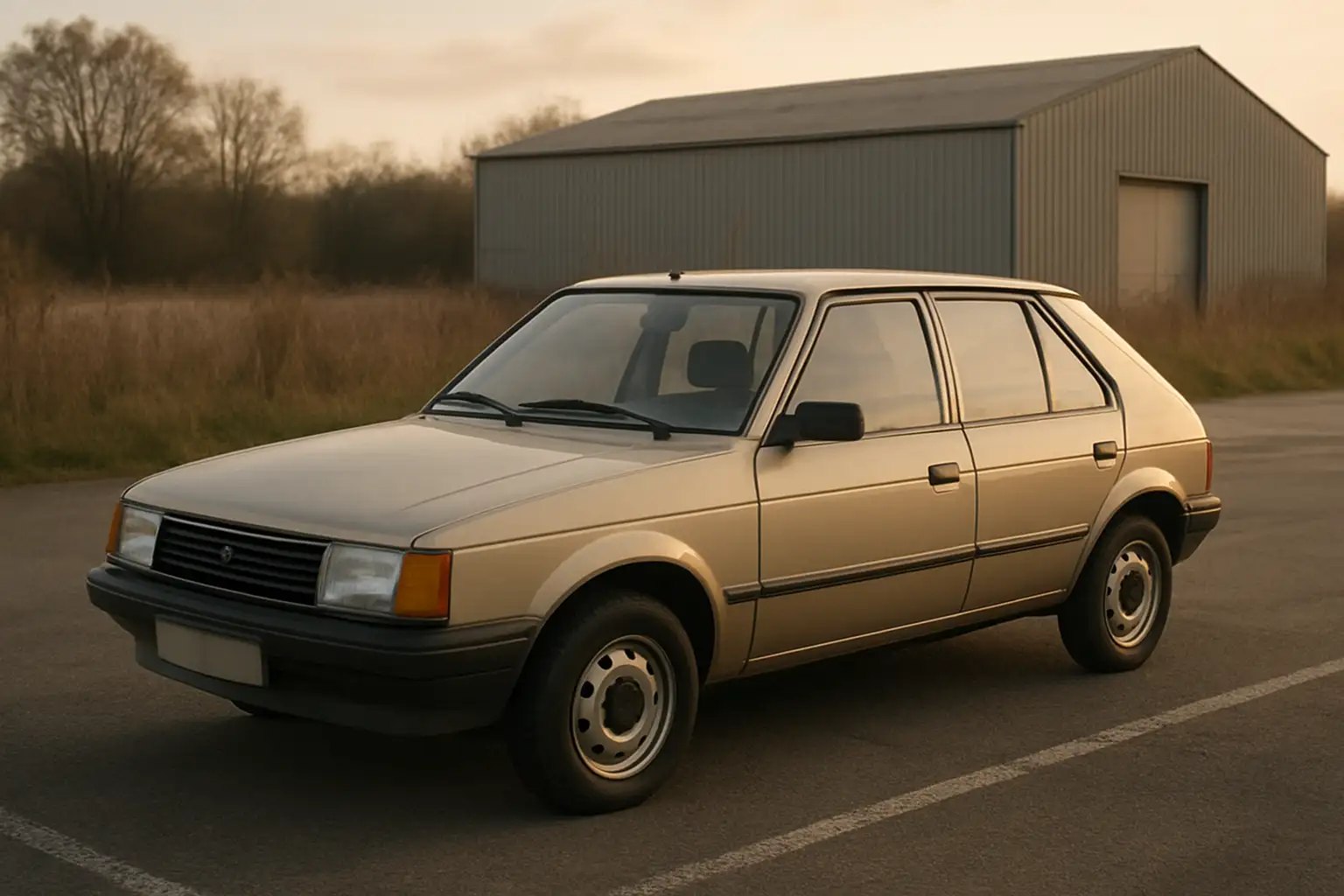 Talbot Horizon compacte des années 1980 vue de trois-quarts sur un parking de campagne