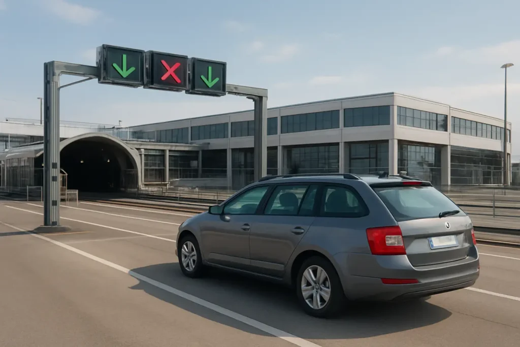 Voiture au terminal Eurotunnel pour une traversée du tunnel sous la Manche