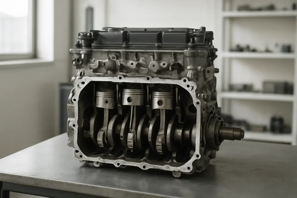 Vilebrequin moteur visible dans un moteur automobile démonté en atelier