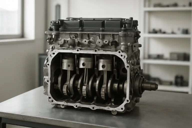 Vilebrequin moteur visible dans un moteur automobile démonté en atelier