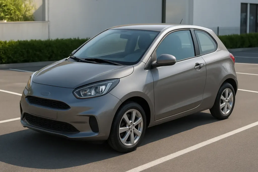 Petite voiture sportive d’occasion sur un parking, illustrant un achat abordable