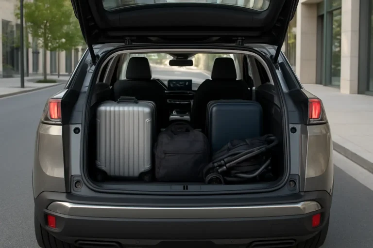 Coffre ouvert d’un Peugeot 3008 avec bagages et poussette compacte