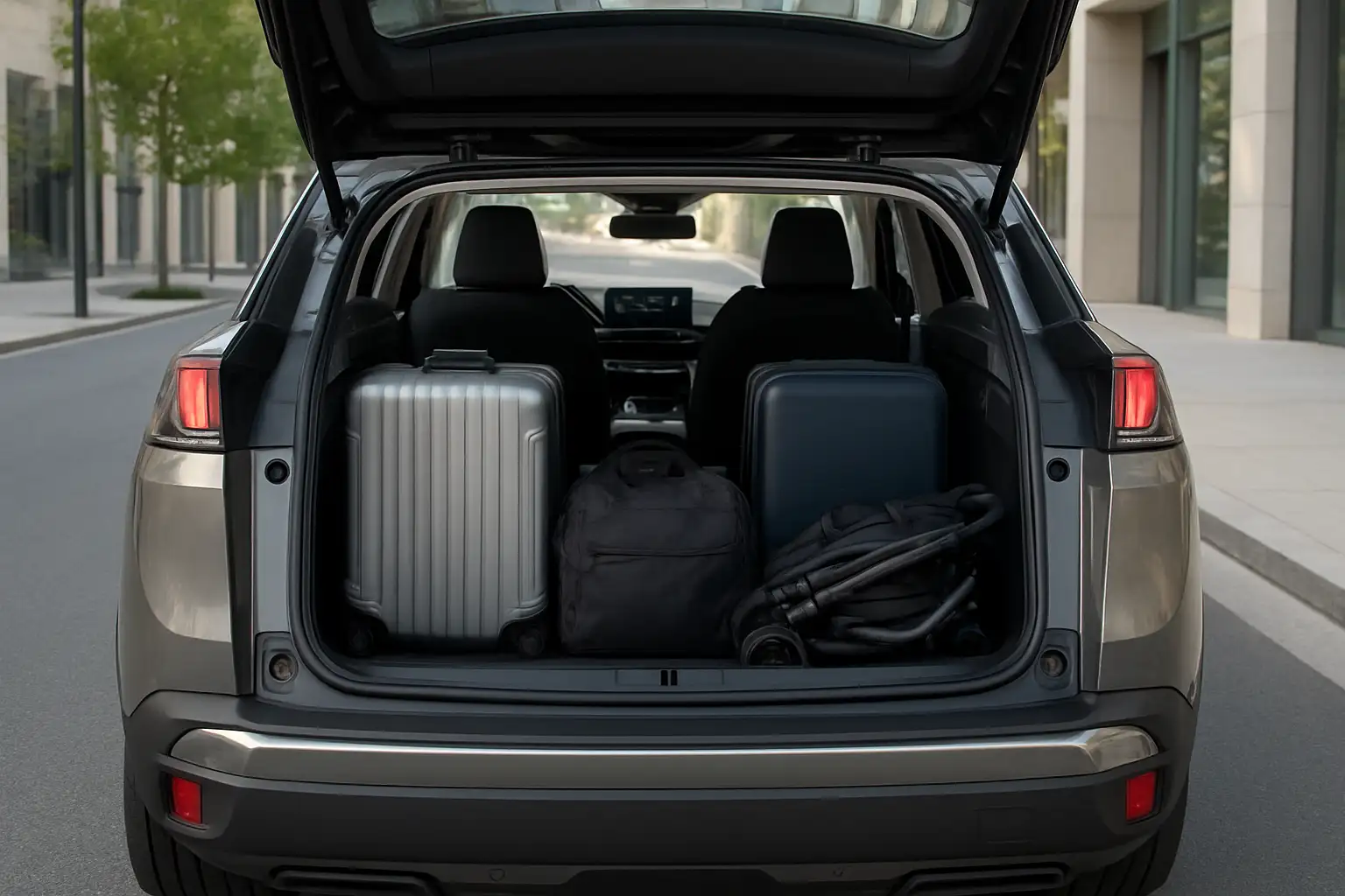 Coffre ouvert d’un Peugeot 3008 avec bagages et poussette compacte