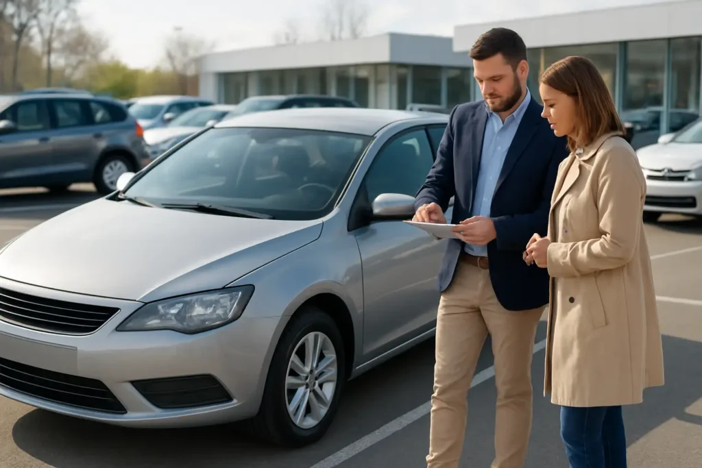 Voiture d’occasion de 100 000 km avec vendeur et acheteur vérifiant les documents