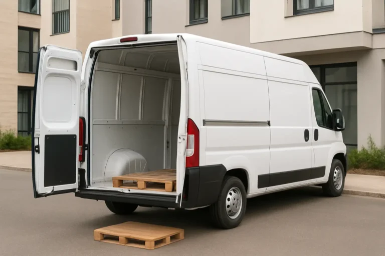 Camion utilitaire 20 m³ avec portes arrière ouvertes montrant l’espace de chargement