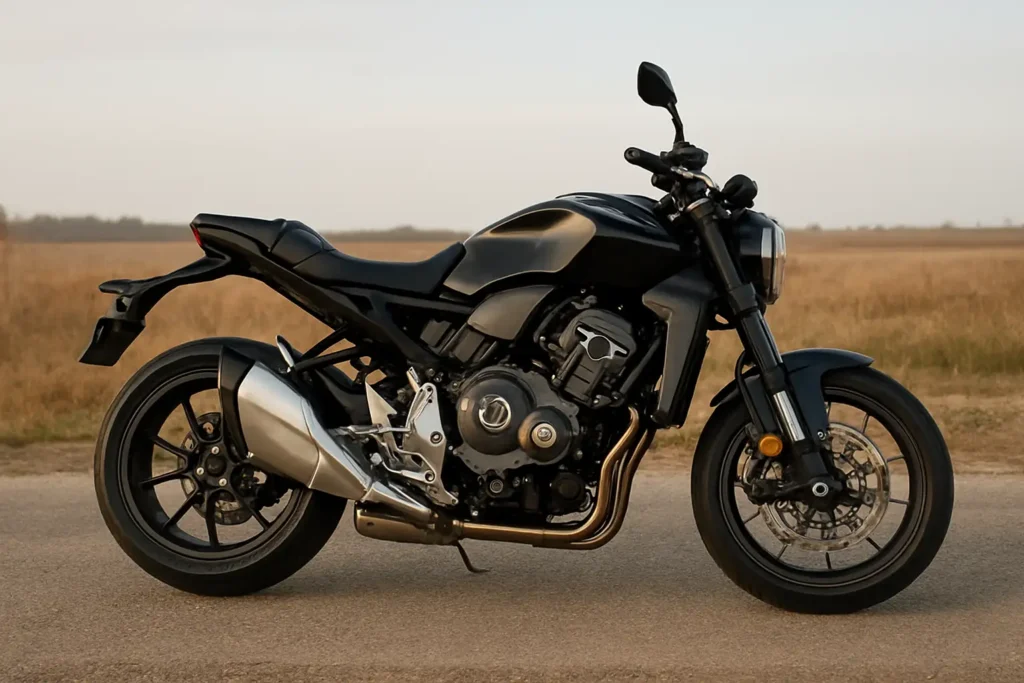 Honda CB 1000 R vue de profil sur une route de campagne