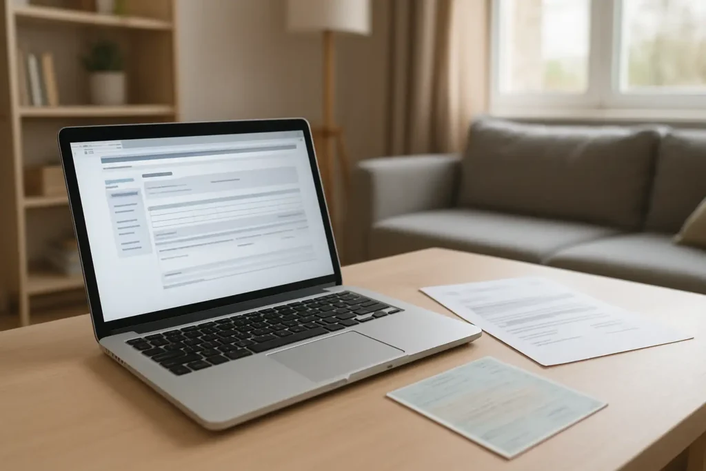 Ordinateur, courrier administratif et carte grise pour vérifier une amende en ligne