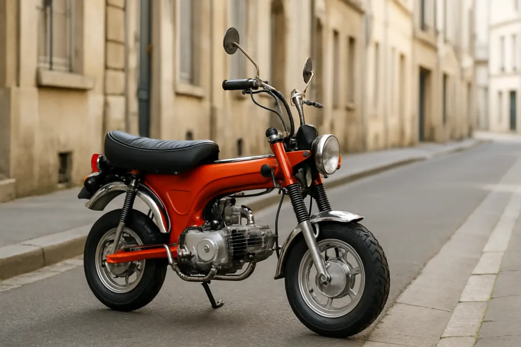 Mini-moto Dax 50cc rétro garée dans une rue urbaine