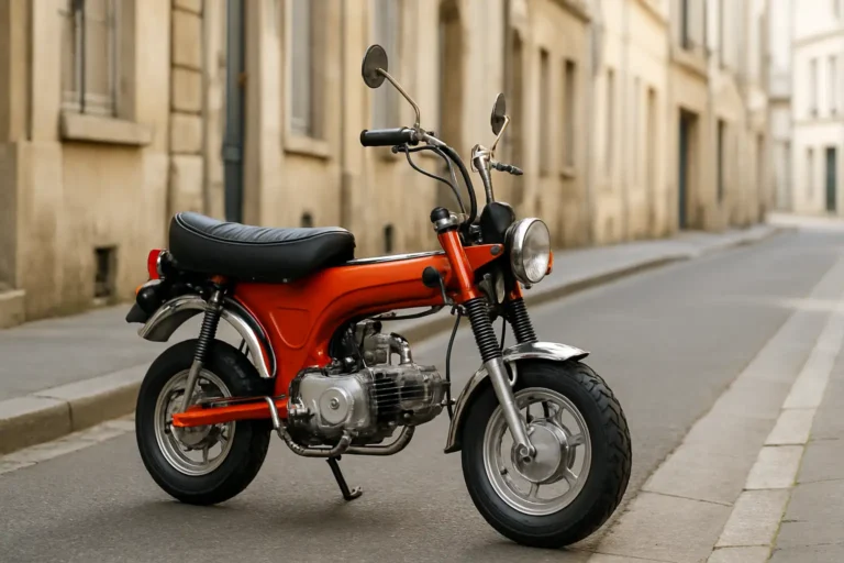 Mini-moto Dax 50cc rétro garée dans une rue urbaine