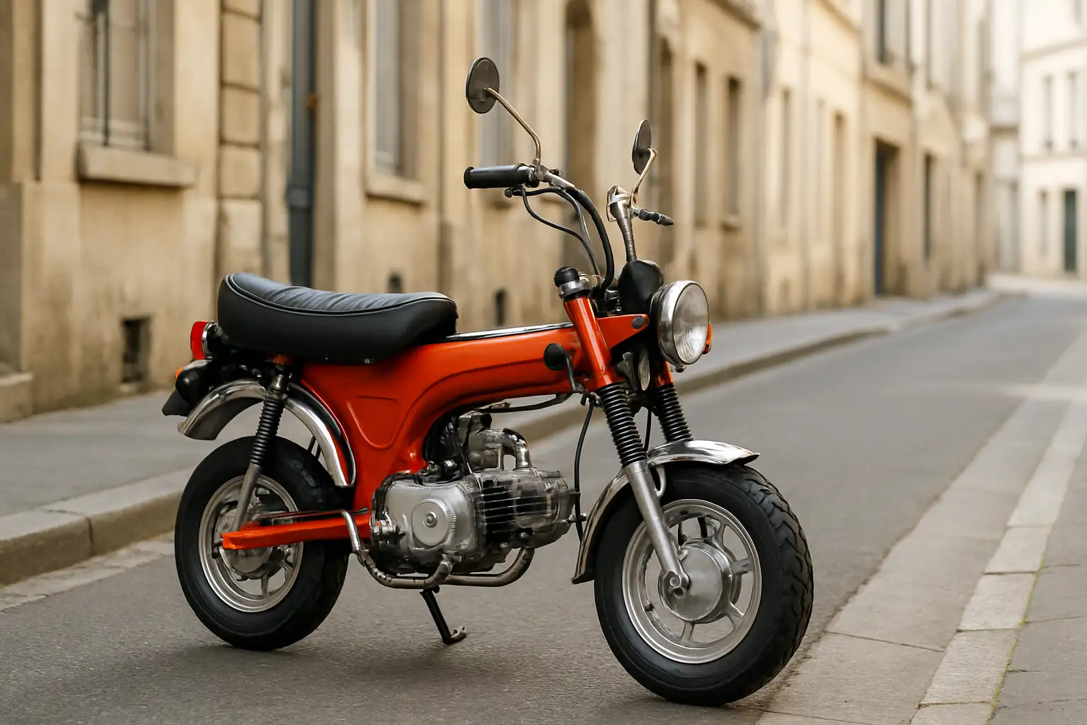 Mini-moto Dax 50cc rétro garée dans une rue urbaine