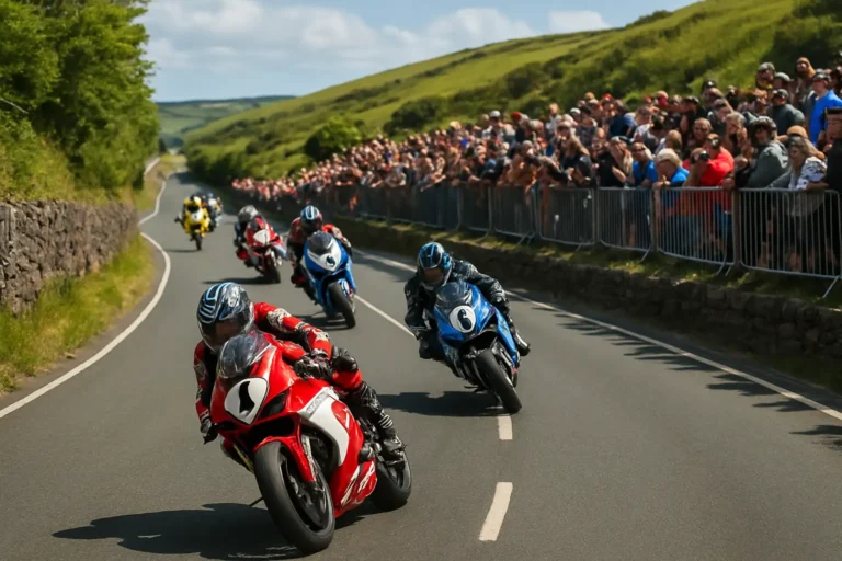 Course moto sur route lors de l’Isle of Man TT, avec des spectateurs au bord du tracé