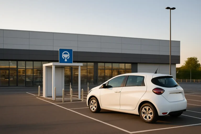 Voiture de location stationnée devant un magasin Super U pour le retrait du véhicule