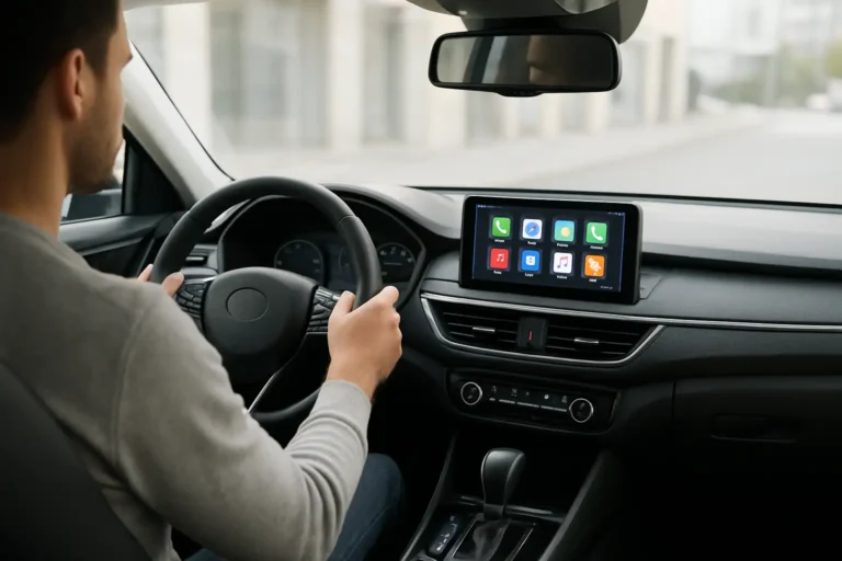 Écran multimédia de voiture affichant une interface smartphone via MirrorLink
