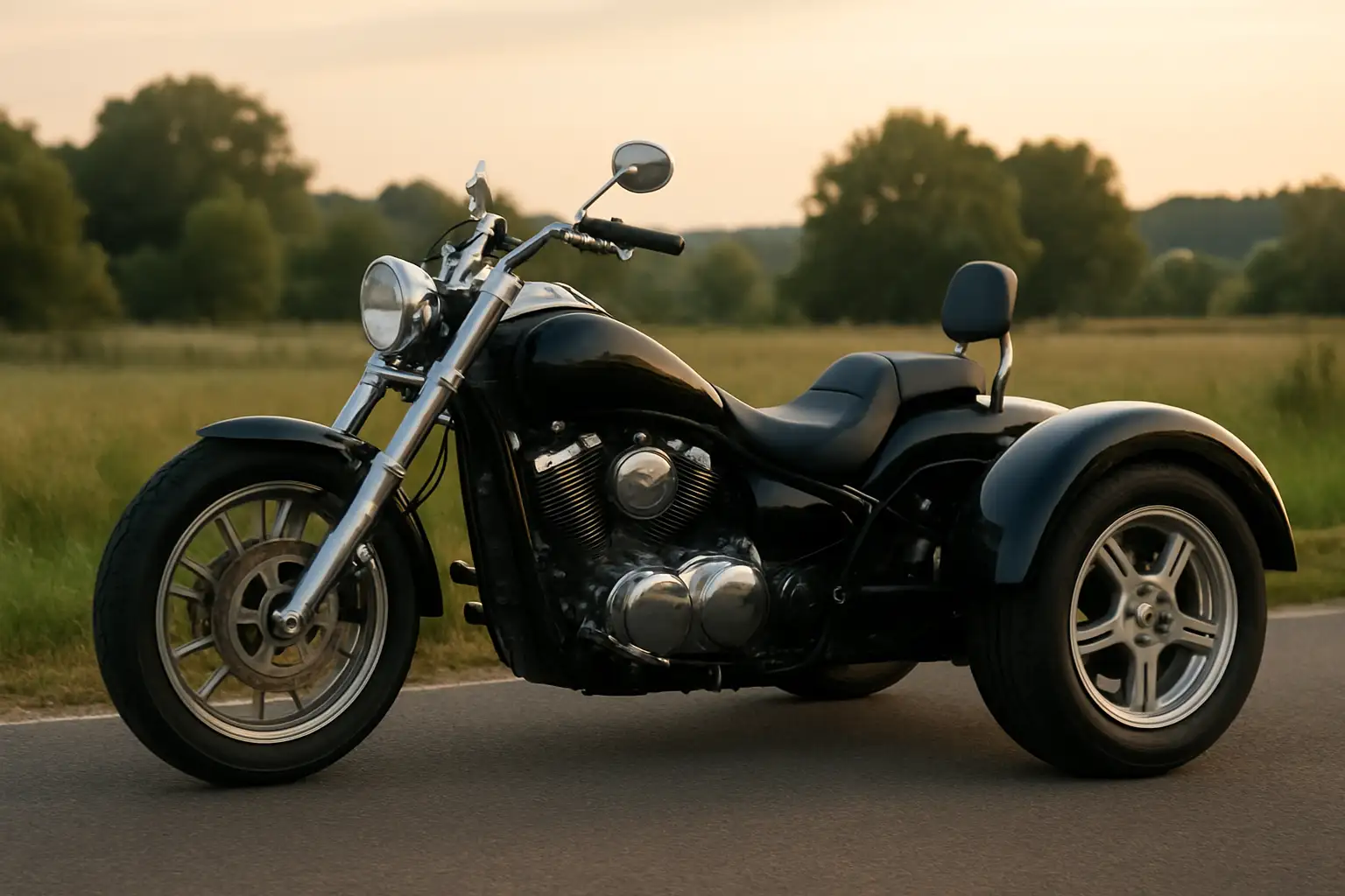 Trike moto à 3 roues garé sur une route de campagne