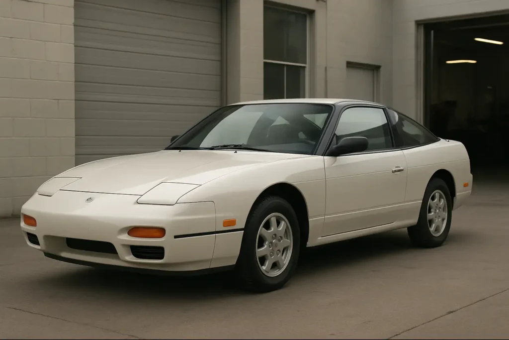 Nissan 240SX coupé sportif des années 1990 vue de trois-quarts