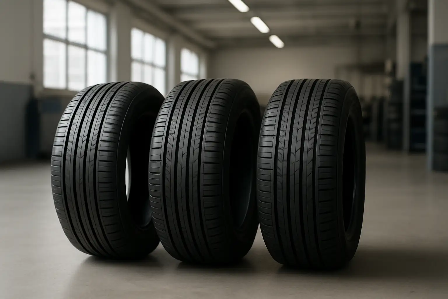 Trois pneus neufs alignés dans un garage, illustrant l’avis sur les pneus Hankook