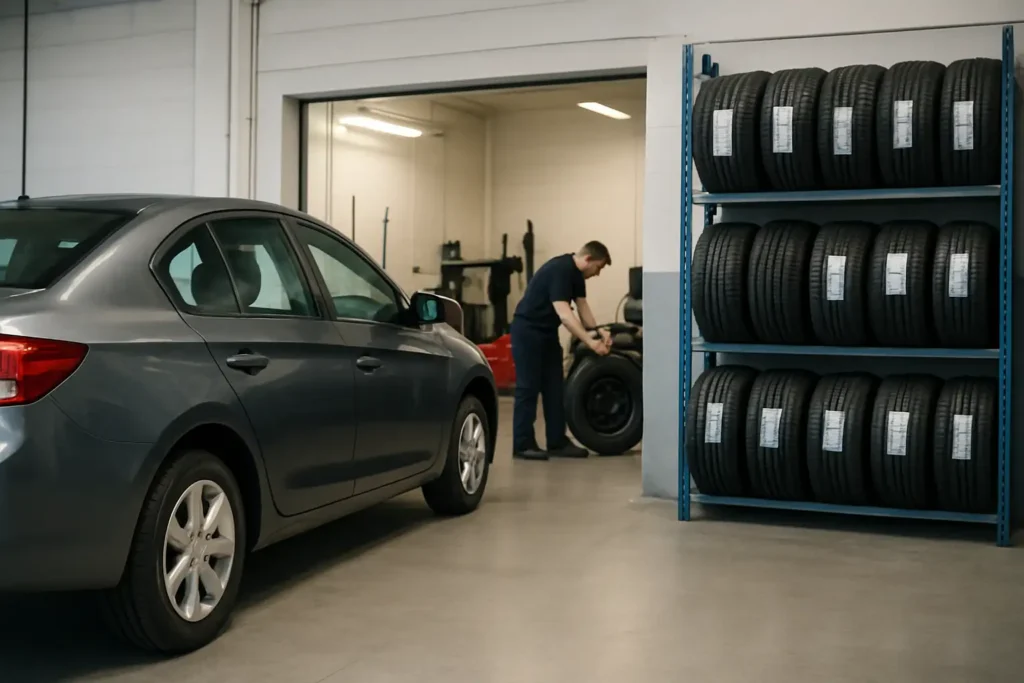 Centre auto avec montage de pneus et véhicule en atelier
