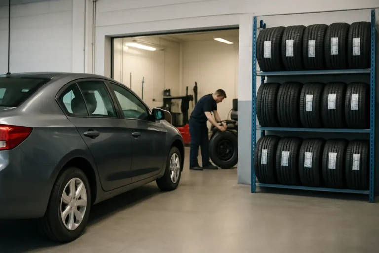 Centre auto avec montage de pneus et véhicule en atelier