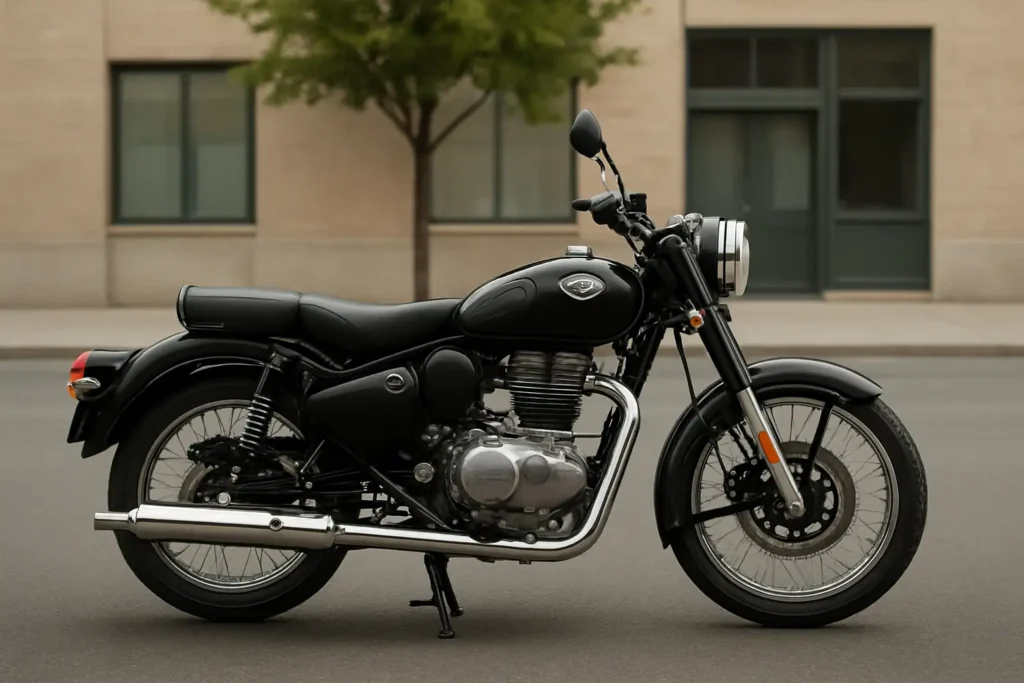 Royal Enfield Classic 350 stationnée sur une route, moto rétro en vue latérale