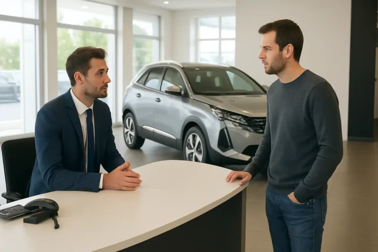 Un conseiller clientèle automobile échange avec un client dans une concession Peugeot
