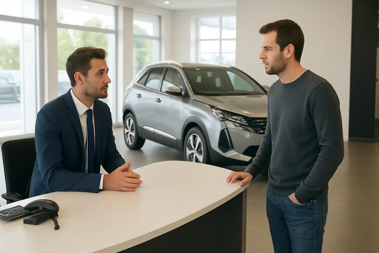 Un conseiller clientèle automobile échange avec un client dans une concession Peugeot