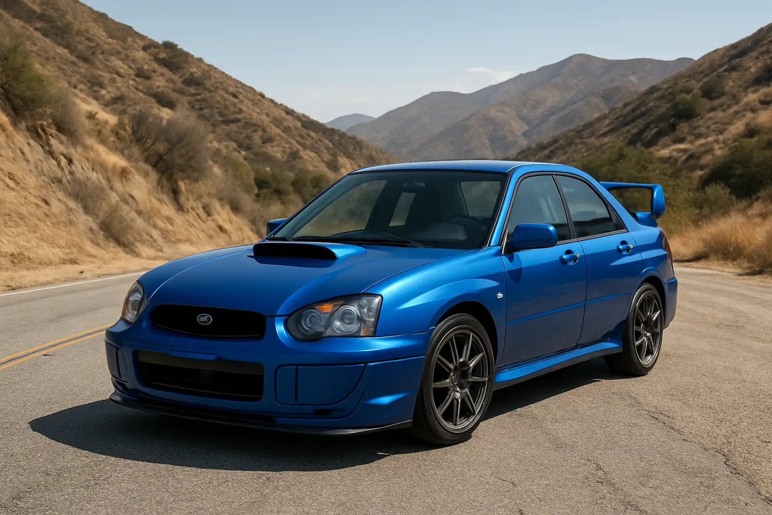 Subaru Impreza WRX STI bleue garée sur une route de montagne