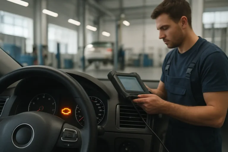 Voyant moteur allumé sur un tableau de bord avec diagnostic OBD en atelier automobile