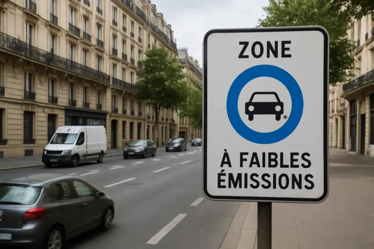 Rue parisienne avec signalisation de zone à faibles émissions et circulation urbaine